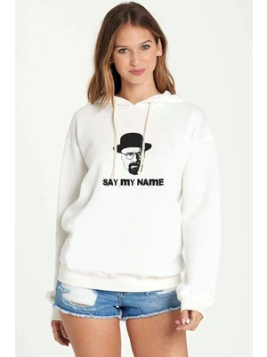 Qivi Breaking Bad Say My Name Baskılı Beyaz Kadın Örme Kapşonlu Sweatshirt Uzun Kol