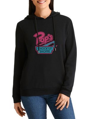 Qivi Riverdale Pop's Chock'lit Shoppe Baskılı Siyah Kadın Örme Kapşonlu Sweatshirt Uzun Kol