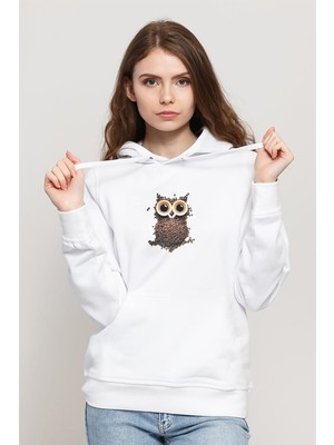 Qivi Owl For Computers 2 Baskılı Beyaz Kadın Örme Kapşonlu Sweatshirt Uzun Kol