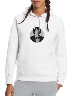 Qivi Stranger Things Finn Baskılı Beyaz Kadın Örme Kapşonlu Sweatshirt Uzun Kol