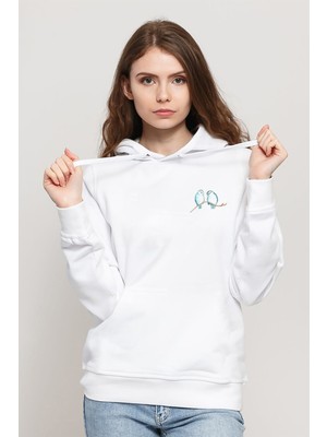 Qivi Watercolor Sparrow Blue Birds Baskılı Kadın Örme Kapüşonlu Beyaz Sweatshirt Uzun Kol