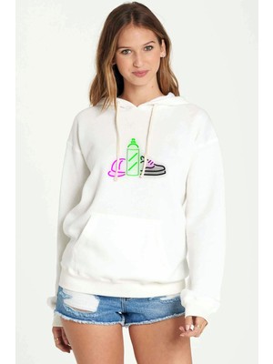 Qivi Grafitti Neon Light Baskılı Beyaz Kadın Örme Kapşonlu Sweatshirt Uzun Kol