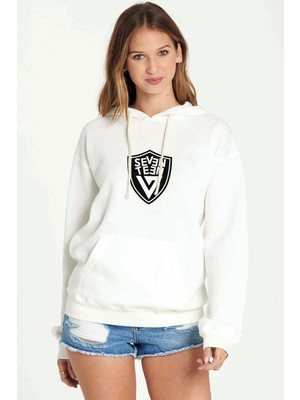 Qivi Seventeen Logo Baskılı Beyaz Kadın Örme Kapşonlu Sweatshirt Uzun Kol