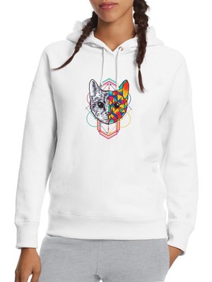 Qivi Geometric Art Animal Baskılı Beyaz Kadın Örme Kapşonlu Sweatshirt Uzun Kol