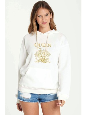 Qivi Queen Baskılı Beyaz Kadın Örme Kapşonlu Sweatshirt Uzun Kol