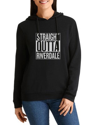 Qivi Riverdale Straight Outta Riverdale Baskılı Siyah Kadın Örme Kapşonlu Sweatshirt Uzun Kol