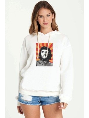 Qivi Che Guevara Red Yellow Baskılı Beyaz Kadın Örme Kapşonlu Sweatshirt Uzun Kol
