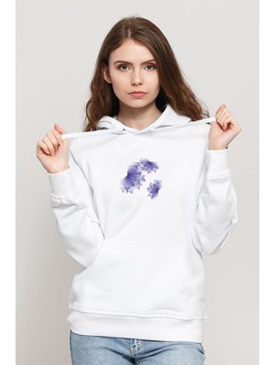 Qivi Illustrator Öklid Lavanta Çiçek Kozmetik Mor Baskılı Beyaz Kadın Örme Kapşonlu Sweatshirt Uzun Kol