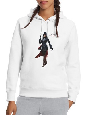Qivi Assassins Creed Unity Elise Baskılı Beyaz Kadın Örme Kapşonlu Sweatshirt Uzun Kol