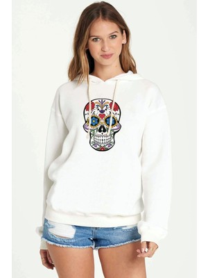 Qivi Watercolor Tattooed Skull Baskılı Kadın Örme Kapüşonlu Beyaz Sweatshirt Uzun Kol