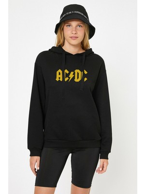 Qivi Acdc Logo Sarı Baskılı Siyah Kadın Örme Kapşonlu Sweatshirt Uzun Kol
