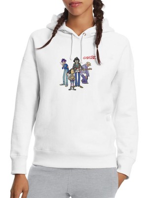 Qivi Gorillaz Jpeg Baskılı Beyaz Kadın Örme Kapşonlu Sweatshirt Uzun Kol
