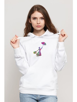 Qivi Silhouette Mary Poppins Photographic Baskılı Kadın Örme Kapüşonlu Beyaz Sweatshirt Uzun Kol