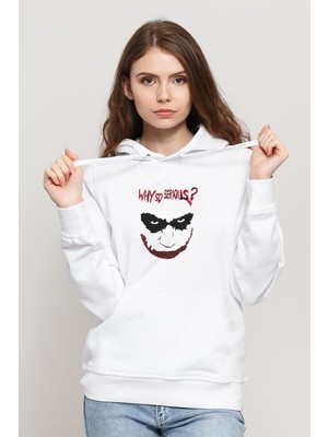Qivi Joker Why So Serıous 4 Baskılı Beyaz Kadın Örme Kapşonlu Sweatshirt Uzun Kol