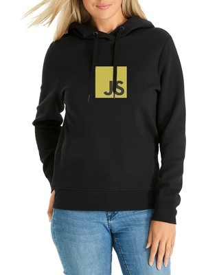 Qivi Js Baskılı Siyah Kadın Örme Kapşonlu Sweatshirt Uzun Kol