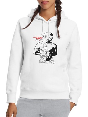 Qivi Rap Hiphop 2pac Rıp Baskılı Beyaz Kadın Örme Kapşonlu Sweatshirt Uzun Kol