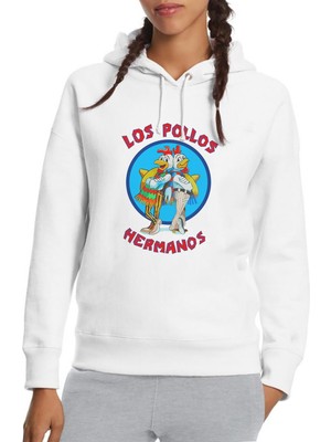 Qivi Los Pollos Hermanos Bad Jesse Baskılı Beyaz Kadın Örme Kapşonlu Sweatshirt Uzun Kol