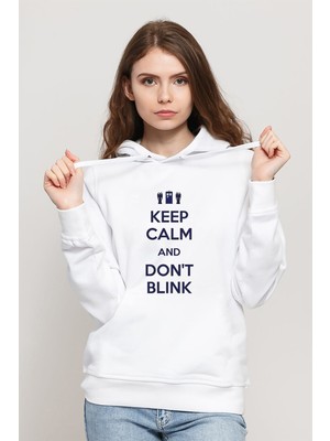 Qivi Keep Calm And Don't Blink Baskılı Beyaz Kadın Örme Kapşonlu Sweatshirt Uzun Kol