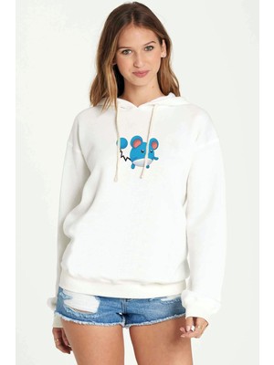 Qivi Mavi ve Beyaz Pokemon Illüstrasyon Marill Baskılı Beyaz Kadın Örme Kapşonlu Sweatshirt Uzun Kol