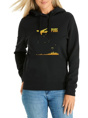 Qivi Pubg 98 Alive Baskılı Siyah Kadın Örme Kapşonlu Sweatshirt Uzun Kol