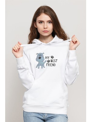 Qivi My Best Friend Baskılı Beyaz Kadın Örme Kapşonlu Sweatshirt Uzun Kol