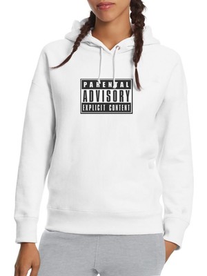 Qivi Parental Advisory Explicit Content Baskılı Beyaz Kadın Örme Kapşonlu Sweatshirt Uzun Kol