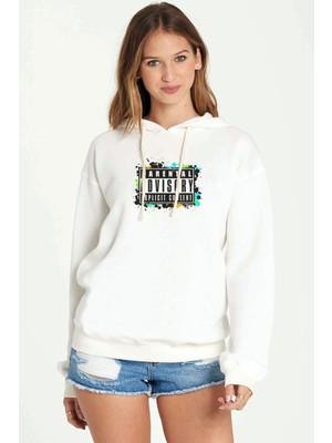Qivi Parental Advisory Baskılı Beyaz Kadın Örme Kapşonlu Sweatshirt Uzun Kol
