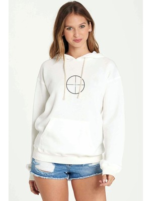 Qivi Snipper Baskılı Beyaz Kadın Örme Kapşonlu Sweatshirt Uzun Kol