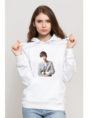 Qivi Kpop Key Shinee 2 Baskılı Beyaz Kadın Örme Kapşonlu Sweatshirt Uzun Kol