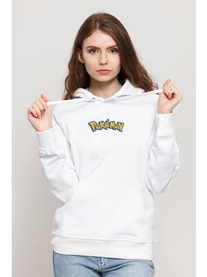 Qivi Pokemon Logosu Baskılı Beyaz Kadın Örme Kapşonlu Sweatshirt Uzun Kol