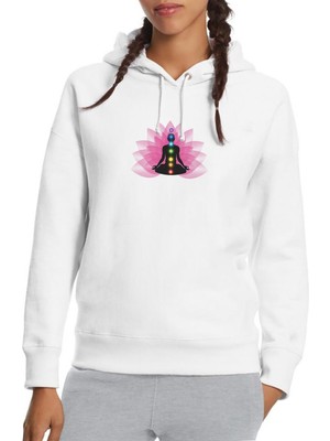 Qivi Yoga Meditasyon Download Meditation Baskılı Beyaz Kadın Örme Kapşonlu Sweatshirt Uzun Kol