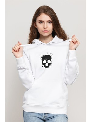Qivi Skull Kurukafa T Baskılı Beyaz Kadın Örme Kapşonlu Sweatshirt Uzun Kol