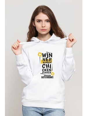 Qivi Pubg Winner Winner Baskılı Beyaz Kadın Örme Kapşonlu Sweatshirt Uzun Kol