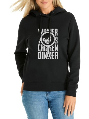 Qivi Pubg Pubg Winner Tava Tavuk Baskılı Siyah Kadın Örme Kapşonlu Sweatshirt Uzun Kol
