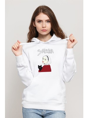 Qivi Chilling Adventures Of Sabrina Sabrina & Cat Baskılı Kadın Örme Kapüşonlu Beyaz Sweatshirt Uzun Kol