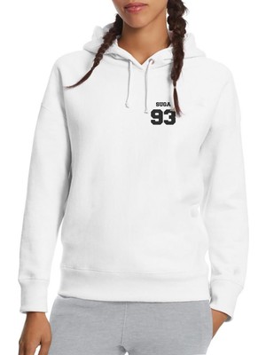 Qivi Bts Suga 93 Baskılı Beyaz Kadın Örme Kapşonlu Sweatshirt Uzun Kol