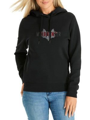 Qivi Mindhunter Yarasa Baskılı Siyah Kadın Örme Kapşonlu Sweatshirt Uzun Kol