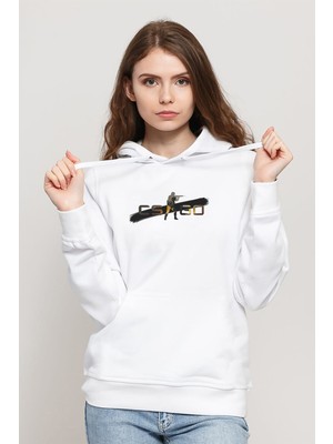 Qivi Cs Go Counter Strike Go Asker Baskılı Beyaz Kadın Örme Kapşonlu Sweatshirt Uzun Kol