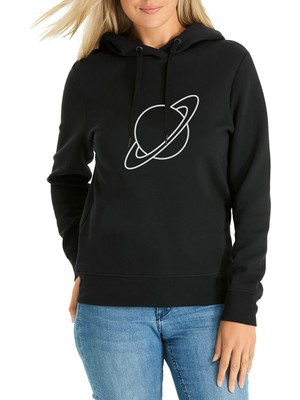 Qivi Satürn Logo Baskılı Siyah Kadın Örme Kapşonlu Sweatshirt Uzun Kol