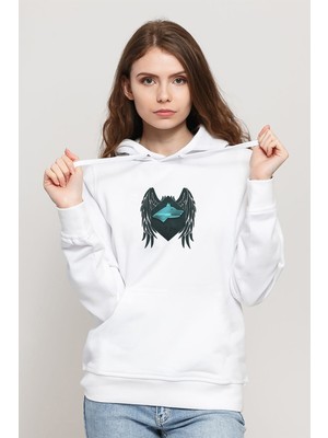 Qivi Selçuklu Mavi Kartalı Göktürk Baskılı Beyaz Kadın Örme Kapşonlu Sweatshirt Uzun Kol