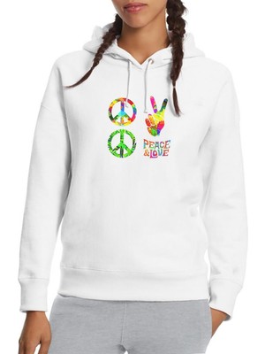 Qivi Peace Hippie Peace Set Of Pacifik Baskılı Beyaz Kadın Örme Kapşonlu Sweatshirt Uzun Kol
