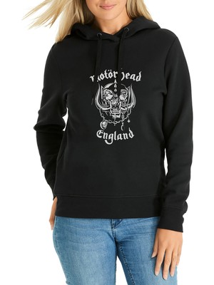 Qivi Motörhead England Baskılı Siyah Kadın Örme Kapşonlu Sweatshirt Uzun Kol