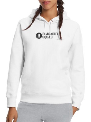 Qivi Black Squad Baskılı Beyaz Kadın Örme Kapşonlu Sweatshirt Uzun Kol