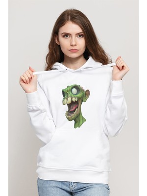 Qivi Zombie Baskılı Beyaz Kadın Örme Kapşonlu Sweatshirt Uzun Kol