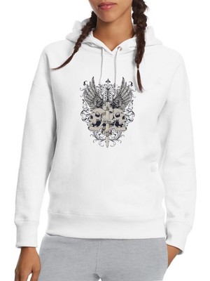 Qivi Kafatası ve Kanatlar ile Gri Kılıç Baskılı Beyaz Kadın Örme Kapşonlu Sweatshirt Uzun Kol