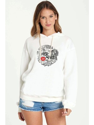 Qivi Arctic Monkeys Songs Baskılı Beyaz Kadın Örme Kapşonlu Sweatshirt Uzun Kol