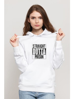 Qivi Pubg Straıght Outta Prıson Baskılı Beyaz Kadın Örme Kapşonlu Sweatshirt Uzun Kol