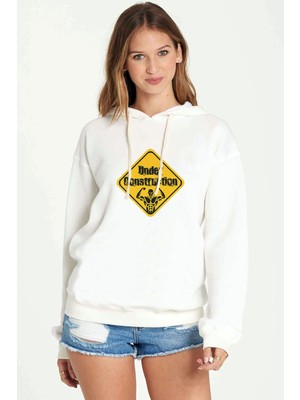 Qivi Under Construction Baskılı Beyaz Kadın Örme Kapşonlu Sweatshirt Uzun Kol