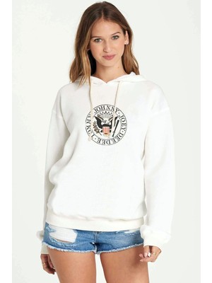 Qivi Ramones Logo Baskılı Beyaz Kadın Örme Kapşonlu Sweatshirt Uzun Kol