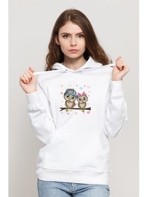 Qivi Dal Üzerinde Tünemiş Iki Kahverengi Baykuş Baskılı Beyaz Kadın Örme Kapşonlu Sweatshirt Uzun Kol